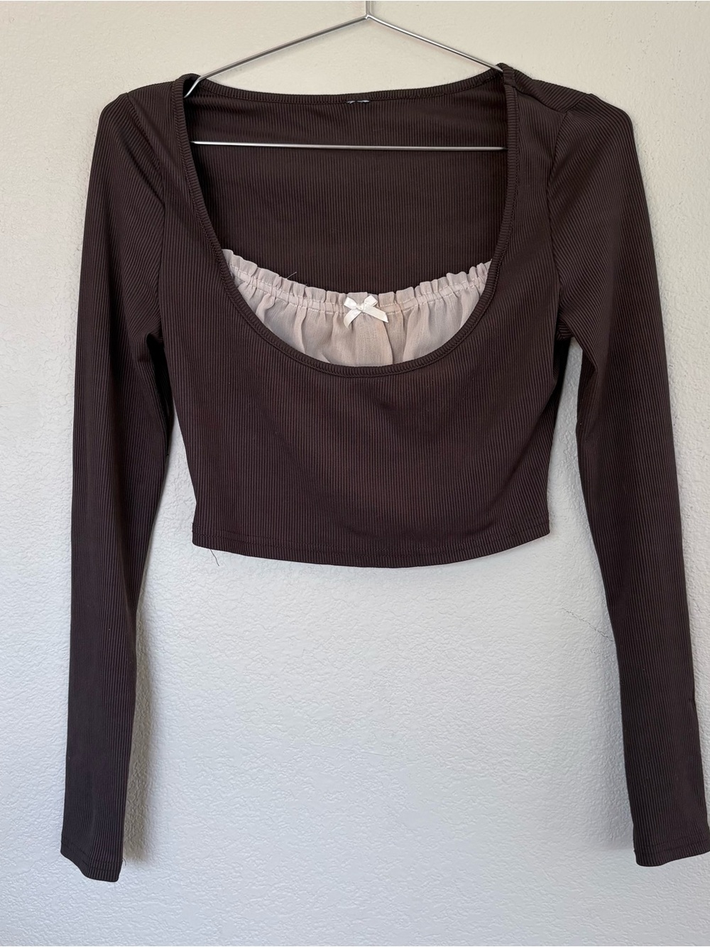 Women’s Scoop Neck Layered Long Sleeve Top - Brown with Cream Detail